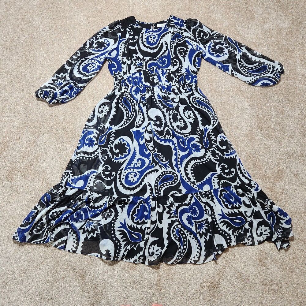 LOFT Maxi Dress Women 10 Paisley Shirred Flounce Sheer Sleeve